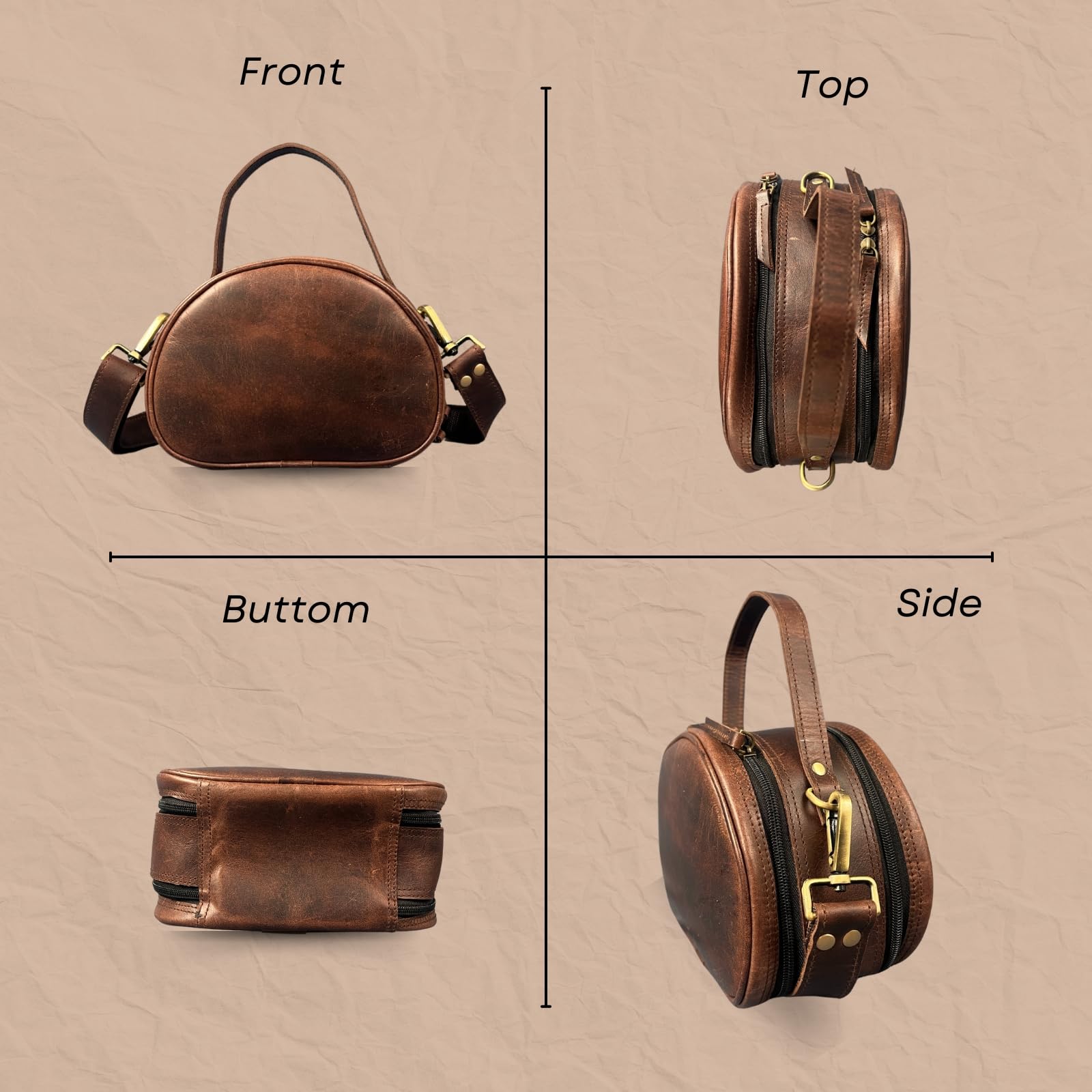 Madosh, Genuine Leather Brown Small Semi-Circle Shoulder Crossbody Bag with Top Handle Satchel Handbag for women.